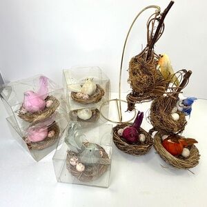 Vintage Easter Feather Birds Nest Set Twig Nest Spring Decor Cottage Lot of 9